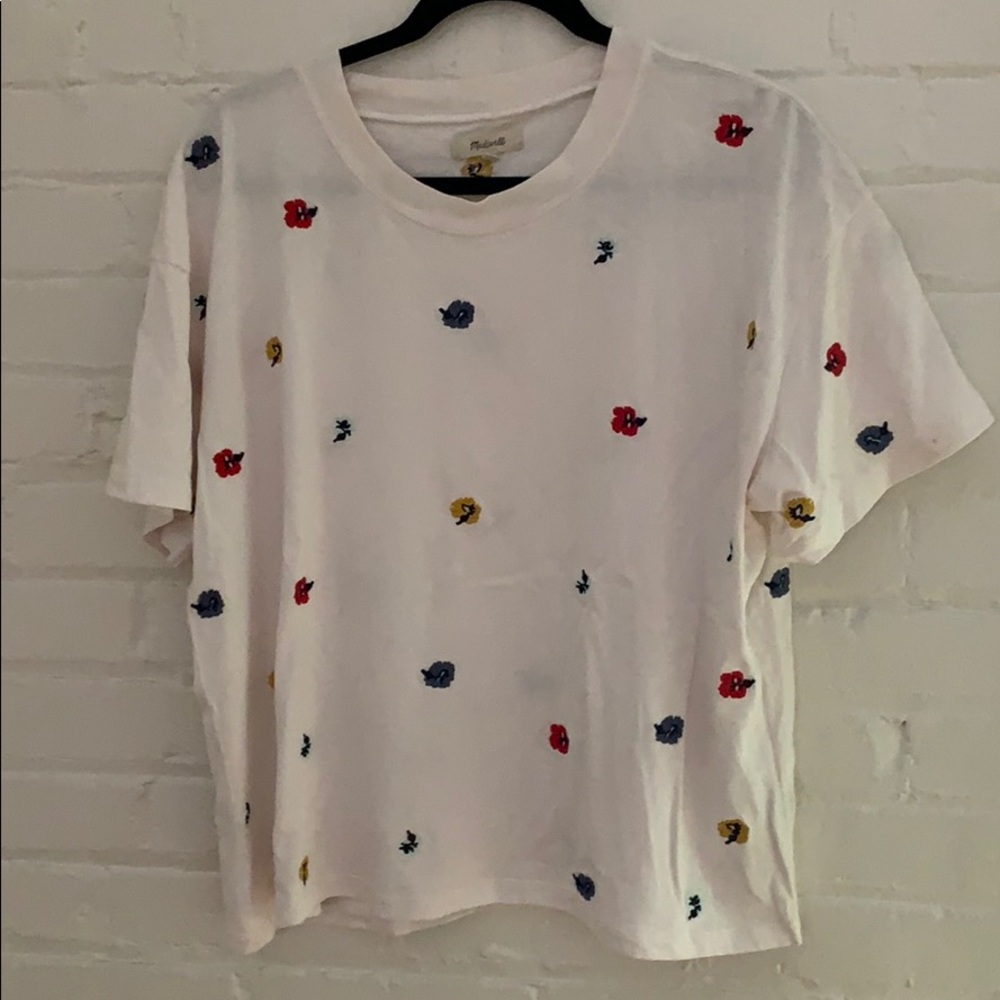 Madewell White Short-Sleeve Tee with Red, Blue & Yellow Embroidered Flowers